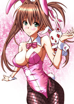 Rule 34 | 1girl, aged up, animal ears, blush, bow, bowtie, breasts, brown hair, cleavage, embarrassed, fake animal ears, fishnet pantyhose, fishnets, flower, green eyes, hair intakes, hair ribbon, jewelpet (series), jewelpet twinkle, large breasts, long hair, no bra, pantyhose, playboy bunny, rabbit, rabbit ears, rabbit tail, ribbon, ruby (jewelpet), sakura akari, shiny clothes, standing, tail, takamura wamu, twintails, wrist cuffs