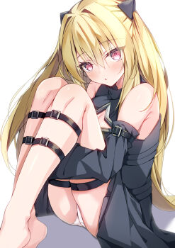 Rule 34 | 1girl, aonu koru, armpit crease, bare shoulders, barefoot, black dress, blonde hair, blush, chestnut mouth, clothing cutout, commentary request, detached sleeves, dress, eyes visible through hair, full body, hair between eyes, hair intakes, highres, hugging own legs, knees up, konjiki no yami, legs, long hair, long sleeves, looking at viewer, panties, parted lips, red eyes, shadow, short dress, sidelocks, simple background, sitting, sleeveless, sleeveless dress, solo, star cutout, thigh strap, thighs, to love-ru, underwear, upturned eyes, very long hair, white background, white panties, wide sleeves