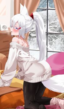 1girl absurdres animal_ears ass bare_shoulders black_pantyhose blush dress fox_ears fox_girl fox_tail high_ponytail highres kotatsu long_hair looking_at_viewer looking_back mon_monn off-shoulder_sweater off_shoulder pantyhose phase_connect ponytail purple_eyes short_eyebrows sleeves_past_fingers sleeves_past_wrists smile snow solo sweater sweater_dress table tail tenma_maemi virtual_youtuber white_hair window