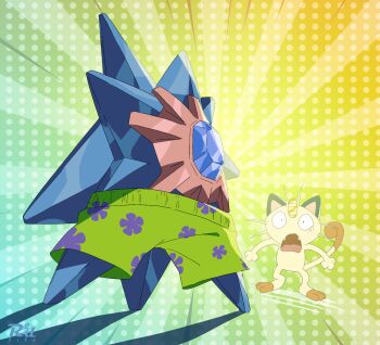 Rule 34 | alternate color, artist name, cat, commentary, cosplay, english commentary, fangs, floral print, gen 1 pokemon, highres, meowth, nintendo, open mouth, patrick star, patrick star (cosplay), pokemon, pokemon (creature), r3dfive, shiny pokemon, spongebob squarepants (series), starfish, starmie, tail