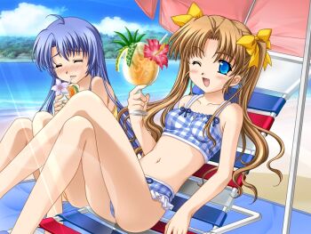 Rule 34 | 00s, 2girls, beach, bikini, blue eyes, blue hair, brown hair, chair, checkered bikini, checkered clothes, closed eyes, day, drink, fang, food, ice cream, lamune, long hair, lounge chair, multiple girls, nakazato hikari, non-web source, one eye closed, outdoors, plaid bikini, plaid clothes, swimsuit, tomosaka suzuka, twintails, wink