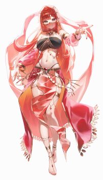 1girl absurdres akane_lize alternate_costume anklet arm_at_side armlet bangle bare_shoulders barefoot black_veil bracelet breasts brown_eyes chest_jewel chinese_commentary circlet closed_mouth commentary_request crop_top cross cross_earrings dancer detached_sleeves domi_(hongsung0819) earrings full_body gold_armlet gold_choker harem_outfit highres jewelry large_breasts long_hair looking_at_viewer mole mole_on_stomach mole_under_eye mouth_veil nail_polish navel outstretched_arm panty_straps pelvic_curtain red_hair red_nails see-through_clothes simple_background smile solo standing stellive stomach tachi-e thighlet toenail_polish toenails veil virtual_youtuber white_background