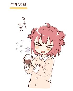 &gt;_&lt; 1girl ahoge akaza_akari blush_stickers closed_eyes closed_mouth collared_shirt contrast_collar cropped_torso cup double_bun flying_sweatdrops furrowed_brow hair_bun hashtag-only_commentary highres holding holding_cup long_sleeves looking_at_viewer namori pink_shirt red_hair shirt short_hair simple_background solo tongue tongue_out translation_request white_background yuruyuri