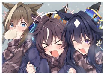 >_< +++ 3girls ;d ^^^ absurdres animal_ears black_coat blue_eyes blue_hair blue_nails blush border brown_hair brown_scarf cheval_grand_(umamusume) coat commentary ear_covers ear_ornament eating fang food food_in_mouth grey_background hair_between_eyes hat highres horse_ears horse_girl locked_arms long_hair long_sleeves multicolored_hair multiple_girls nail_polish one_eye_closed open_mouth pandoa_(mikage0495) purple_eyes scarf siblings sisters skin_fang smile steamed_bun streaked_hair umamusume upper_body v_sisters verxina_(umamusume) vivlos_(umamusume) white_border white_hair white_hat