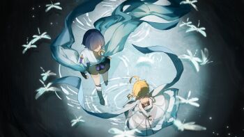 1boy 1girl absurdres ahoge anemo_symbol_(genshin_impact) arm_at_side armor arms_behind_back bare_shoulders black_bodysuit black_bridal_gauntlets black_corset black_gloves black_hair black_shorts blonde_hair blue_cape blue_gem blue_kimono blue_rope blue_scarf blue_sleeves blue_trim blunt_ends bodysuit bridal_gauntlets bug cape clenched_hand corset cross-laced_clothes cross-laced_corset detached_sleeves dragonfly dress faceless faceless_male facing_another flower from_above gem genshin_impact gloves gold hair_flower hair_ornament hakama hakama_shorts hand_on_own_arm highres huge_ahoge insect japanese_armor japanese_clothes juban kimono kote kurokote layered_sleeves leg_warmers lumine_(genshin_impact) open_clothes open_kimono partially_fingerless_gloves pleated_shorts purple_rope ripples rope scaramouche_(genshin_impact) scarf short_hair short_hair_with_long_locks short_sleeves shorts sidelocks tassel two-sided_scarf walking walking_on_liquid wanderer_(genshin_impact) whisper_(suisuibingtang) white_dress white_flower white_kimono white_leg_warmers white_scarf white_sleeves