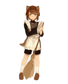 1girl :3 aged_down animal_ears apron black_shirt black_shorts broom brown_eyes brown_hair brown_ribbon brown_shoes closed_mouth cocoa_(shinyshynii) commentary english_commentary frilled_apron frills hair_ribbon highres holding holding_broom long_sleeves looking_at_viewer maid_apron mole mole_under_eye original ribbon shinyshynii shirt shoes short_hair shorts simple_background smile socks sweatdrop swept_bangs tail white_apron white_background white_socks wolf_ears wolf_girl wolf_tail