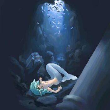 1girl aqua_hair archived_source bad_link blue_tail blue_theme breasts deep_sea fish hirai_yukio lying medium_breasts medium_hair mermaid monster_girl nipples on_back on_rock original pillar school_of_fish solo sunlight underwater wavy_hair