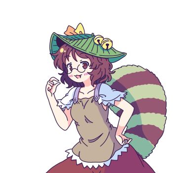 1girl :3 absurdres animal_ears bell blush brown_eyes brown_hair brown_shirt brown_skirt collarbone commentary english_commentary fang futatsuiwa_mamizou glasses hand_on_own_hip hat_bell highres jingle_bell leaf_hat looking_at_viewer open_mouth pioartstuff raccoon_ears raccoon_girl raccoon_tail shirt skirt smile solo tail touhou transparent_background