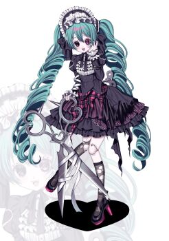 1girl accurate_lolita_coord alternate_costume alternate_eye_color alternate_hairstyle aqua_hair bandages black_dress black_eyes bonnet commentary_request doll_joints dress drill_hair fashion faux_figurine frilled_dress frills gothic_lolita hatsune_miku heterochromia high_heels highres joints lolita_fashion long_hair long_sleeves oversized_object red_eyes scissors solo thighhighs torn_clothes torn_thighhighs twin_drills very_long_hair vocaloid yuni_(s_ribbon)
