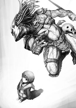 1girl alien_(series) alien_vs._predator alien_vs_predator combistaff crossover greyscale kometani_hisanobu monochrome nagato_yuki parody predator_(1987) predator_(character) predator_(series) skull suzumiya_haruhi_no_yuuutsu