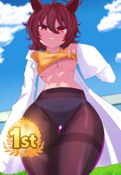 abs absurdres agnes_tachyon_(umamusume) ahoge animal_ears commentary earrings english_commentary highres horse_ears horse_girl huge_ahoge jewelry lab_coat looking_at_viewer looking_down panties pantyhose pulling_own_clothes shion_(shion_aster) single_earring sky sleeves_past_fingers sleeves_past_wrists sweater toned toned_female umamusume underwear white_panties yellow_sweater