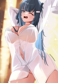 1girl amano_nene_(vtuber) bandaid bandaid_hair_ornament black_hair blue_eyes blue_hair blurry blurry_background breasts button_gap colored_inner_hair hair_ornament highres indie_virtual_youtuber large_breasts long_hair mole mole_on_breast mole_under_eye multicolored_hair naked_shirt navel navel_peek one_eye_closed open_mouth shirt sleeves_past_wrists solevisionarts solo twitter_username virtual_youtuber white_shirt