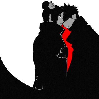 1boy 1girl akatsuki_(naruto) akatsuki_uniform face_piercing flower hair_bun hair_flower hair_ornament high_collar konan_(naruto) labret_piercing naruto_(series) naruto_shippuuden obobkkp parted_lips short_hair uchiha_obito