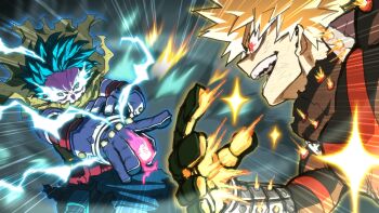 Rule 34 | 2boys, absurdres, aka nobodyy, bakugou katsuki, battle, blonde hair, boku no hero academia, commentary, electricity, english commentary, gloves, glowing, green eyes, green hair, highres, male focus, multiple boys, red eyes, short hair, sparkle, spiked hair, white gloves