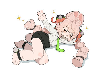1girl :3 alternate_costume animal_ear_fluff animal_ear_piercing animal_ears animal_feet anklet barefoot black_skirt blush braid braided_twintails closed_eyes closed_mouth full_body furry furry_female green_necktie highres ix jewelry long_hair lying necktie on_side pencil_skirt pink_fur pink_hair rabbit_ears rabbit_girl screw shirt short_eyebrows simple_background skirt solo sparkle thick_eyebrows v white_background white_shirt zenless_zone_zero zhao_(zenless_zone_zero)