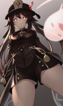 1girl :q absurdres black_hair black_hat black_shorts brown_shirt closed_mouth collared_shirt cowboy_shot flower flower-shaped_pupils from_below genshin_impact ghost gold_trim gradient_background half-closed_eyes hat hat_flower highres hu_tao_(genshin_impact) lo_xueming long_hair long_sleeves looking_at_viewer looking_down naughty_face panties panty_peek plum_blossoms red_eyes shirt short_shorts shorts smile solo standing symbol-shaped_pupils tailcoat thighs tongue tongue_out twintails underwear upshorts white_panties