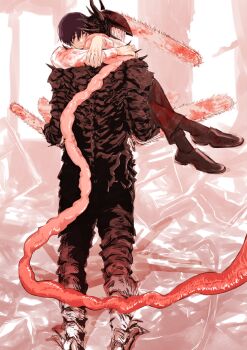 2boys arm_blade armor black_armor black_hair carrying chainsaw_devil chainsaw_man demon_horns ear_piercing full_body horns hug long_scarf male_focus multiple_boys no_eyes piercing princess_carry scarf sharp_teeth short_hair standing teeth tsutakichi_02 weapon yoshida_hirofumi