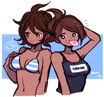 2girls arm_up artist_name asahina_aoi bikini blue_eyes blue_one-piece_swimsuit breasts brown_eyes brown_hair character_name cleavage closed_mouth clothes_writing collarbone commentary cropped_torso danganronpa:_trigger_happy_havoc danganronpa_(series) danganronpa_2:_goodbye_despair dark-skinned_female dark_skin donut dripping drooling food food_in_mouth food_on_face heart hungry khee medium_hair multiple_girls navel notice_lines one-piece_swimsuit owari_akane ponytail saliva simple_background speech_bubble stomach striped_bikini striped_clothes swimsuit symbol-only_commentary tan thought_bubble