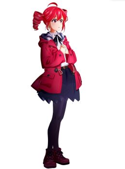 1girl black_pantyhose black_ribbon blue_skirt commentary_request cosplay drill_hair girls_band_cry hair_ribbon highres iseri_nina iseri_nina_(cosplay) jacket kasane_teto own_hands_together pantyhose parted_lips pleated_skirt red_eyes red_hair red_jacket red_shoes ribbon shirt shoes skirt soko_kikuchi solo twin_drills utau white_shirt