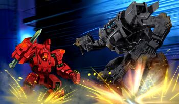 blue_eyes dual_wielding embers fighting front_mission glowing glowing_eyes gun highres holding holding_gun holding_weapon mecha motion_blur orange_eyes pile_bunker platin_(alios) robot science_fiction skating weapon