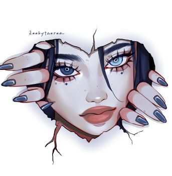 1girl aegyo_sal artist_name asian blue_eyes blue_hair blue_nails border close-up closed_mouth fingernails heart_border heterochromia highres long_fingernails looking_at_viewer mole mole_on_cheek mole_on_forehead mole_on_neck mole_on_nose mole_under_each_eye mole_under_eye multiple_moles nail_polish original paper solid_circle_pupils thick_eyebrows thick_lips torn_paper umi_(zeebythesea) white_border zeebythesea