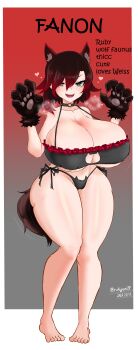 1girl :d absurdres alternate_breast_size_(larger) animal_ears animal_hands barefoot bikini black_background black_bikini black_hair breasts cat_cutout cat_lingerie cat_paws cleavage clothing_cutout commentary_request curvy dated english_text gradient_background heart heart-shaped_pupils highres huge_breasts looking_at_viewer multicolored_hair odakubara open_mouth red_background red_hair ruby_rose rwby short_hair smile solo streaked_hair swimsuit symbol-shaped_pupils thick_thighs thighs twitter_username wolf_ears wolf_girl