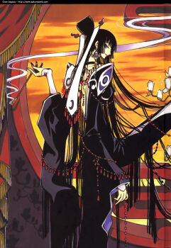 00s 1girl blunt_bangs clamp female_focus hair_ornament highres hime_cut holding holding_smoking_pipe ichihara_yuuko kiseru smoke smoking_pipe solo xxxholic
