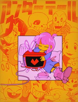 alphys androgynous arthropod_girl colored_skin flowey_(undertale) frisk_(undertale) goat_girl hair_over_one_eye heart highres insect_girl mettaton mettaton_ex monster_kid_(undertale) muffet multiple_boys napstablook open_mouth papyrus_(undertale) robot sans_(undertale) shio_tou shirt short_hair simple_background smile spider_girl toriel undertale undyne utdr_(toby_fox) yellow_skin