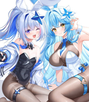 2girls ahoge alternate_costume amane_kanata animal_ear_hairband animal_ears armpits bare_shoulders black_bow black_bowtie black_gloves black_leotard black_pantyhose blue_hair blue_nails bodystocking bow bowtie breasts cleavage clothing_cutout colored_inner_hair commentary_request covered_navel detached_collar elf fake_animal_ears frilled_leotard frills gloves grey_hair hair_between_eyes hair_ornament hairband halo heart heart_ahoge heart_cutout highleg highleg_leotard highres hololive jacket large_breasts leotard long_hair looking_at_viewer misoile multicolored_hair multiple_girls nail_polish no_shoes off_shoulder one_eye_closed open_clothes open_jacket outstretched_arm pantyhose partially_fingerless_gloves pink_hair playboy_bunny pointy_ears ponytail purple_eyes rabbit_ear_hairband rabbit_ears simple_background single_hair_intake sitting small_breasts smile star_halo strapless strapless_leotard streaked_hair thigh_strap thighband_pantyhose two-tone_hair virtual_youtuber white_background white_jacket white_leotard white_wrist_cuffs wrist_cuffs yellow_eyes yukihana_lamy