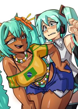 2girls bikini blue_eyes blue_hair brazilian_miku breasts dark-skinned_female dark_skin flat_chest hatsune_miku highres moxydraws multiple_girls selfcest shorts swimsuit teasing twintails vocaloid yuri