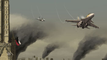 1girl 1other 2boys ace_combat ace_combat_zero aerial_battle air-to-air_missile aircraft airplane balcony battle brown_hair building canards canopy_(aircraft) city commentary contrail day dogfight english_commentary f-15_eagle faceless faceless_female faceless_male fighter_jet flag grey_sky gun highres holding holding_flag holding_gun holding_weapon kevincipher military_vehicle missile multiple_boys pilot roundel sky skyscraper smoke ustian_flag vehicle_focus weapon