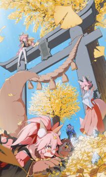 4girls :t absurdres all_fours animal_ear_fluff animal_ears animal_hands bare_shoulders bell blue_kimono blue_sky blush bow braid braided_sidelock breasts cat_paws cleavage closed_eyes closed_mouth collar commentary_request double_bun fate/grand_order fate/samurai_remnant fate_(series) fox_ears fox_girl fox_tail gloves hair_bow hair_bun hair_ribbon hakama hand_on_own_hip highres japanese_clothes jingle_bell kimono koyanskaya_(fate) large_breasts leaf long_hair long_sleeves looking_at_another looking_at_viewer miko multiple_girls neck_bell outdoors paw_gloves pink_hair ponytail red_hakama red_kimono red_ribbon ribbon short_eyebrows short_kimono shuchream sky sleeves_past_fingers sleeves_past_wrists smile split_ponytail tabi tail tamamo_aria_(fate) tamamo_cat_(fate) tamamo_cat_(first_ascension)_(fate) tamamo_no_mae_(fate) thighhighs tongue torii tree wide_sleeves yellow_bow yellow_eyes yellow_kimono