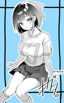 1girl absurdres blush bow breasts closed_mouth commentary_request feet_out_of_frame hair_bow hair_intakes highres impossible_clothes impossible_shirt invisible_chair kneehighs knees_together_feet_apart large_breasts looking_at_viewer miniskirt ogata_(ogt_illust) original pleated_skirt shirt short_hair short_sleeves sidelocks signature sitting skirt socks solo t-shirt