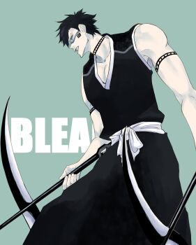 Rule 34 | 1boy, 69, bare shoulders, black choker, black hair, black hakama, black shirt, bleach, choker, copyright name, dual wielding, facial tattoo, from side, green background, hakama, hashtag-only commentary, highres, hisagi shuuhei, holding, holding weapon, japanese clothes, kazeshini (shikai), kusarigama, looking ahead, male focus, mitu hide43, open mouth, profile, shikai, shirt, short hair, sickle, simple background, sleeveless, sleeveless shirt, solo, spiked hair, tattoo, weapon