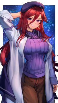 Rule 34 | 1girl, arm at side, arm behind head, border, breasts, brown pants, character request, coat, commentary, commission, copyright request, cowboy shot, earrings, grin, hat, highres, jewelry, large breasts, long hair, looking at viewer, open clothes, open coat, outside border, pants, purple eyes, purple hat, purple sweater, r123, red hair, ribbed sweater, skeb commission, smile, solo, standing, sweater, thank you, white border, white coat