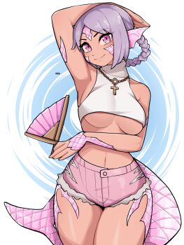 1girl animal_ears arm_behind_head arm_up bare_arms braid breasts cetacean_tail closed_mouth commentary commission cowboy_shot crop_top cross cross_necklace english_commentary fins fish_tail folding_fan hand_fan highres holding holding_fan jewelry large_breasts looking_at_viewer midriff necklace oninuer original parted_bangs pink_eyes pink_shorts purple_hair scales short_hair short_shorts shorts sleeveless smile solo tail thighs