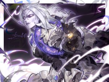 5ofif banshee_moira breasts colored_sclera colored_skin commentary_request ghost highres long_hair moira_(overwatch) overwatch purple_sclera reaching reaching_towards_viewer white_eyes white_hair white_skin