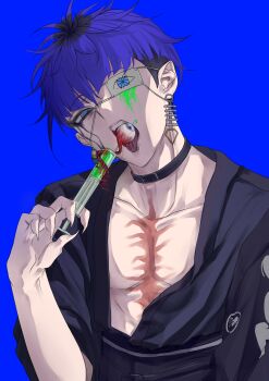 1boy absurdres animal_print belt_collar black_collar black_eyeshadow black_hair black_haori black_kimono black_roots blood blue_background blue_eyes blue_hair chinese_commentary collar commentary_request earrings eye_print eyeball eyepatch eyeshadow face_piercing facial_mark fingernails haori highres holding holding_syringe japanese_clothes jewelry kimono labret_piercing looking_at_viewer makeup male_focus mouth_hold multicolored_hair omokage_yugamu open_clothes open_kimono open_mouth piercing print_eyepatch roots_(hair) scar scar_on_chest sharp_fingernails short_hair solo spider_print syringe teeth the_hundred_line_-last_defense_academy- tongue tongue_out upper_body upper_teeth_only yana_kitagawa