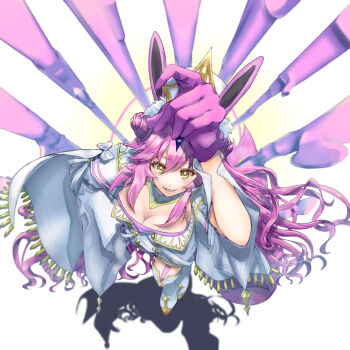 1girl arm_up boots bow breasts cleavage commentary_request fate/grand_order fate_(series) floating floating_gun from_above gem hair_between_eyes koyanskaya_(assassin)_(third_ascension)_(fate) koyanskaya_(fate) large_breasts long_hair long_sleeves parted_lips pink_hair pon-de-c2 purple_gemstone shadow sidelocks solo thigh_boots very_long_hair white_boots white_bow wide_sleeves yellow_eyes