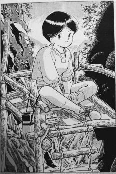 Rule 34 | 1980s (style), 1girl, artist self-insert, book, closed mouth, commentary request, greyscale, hands on own leg, highres, indian style, ladder, looking at viewer, monochrome, mountainous horizon, oldschool, original, outdoors, plant, retro artstyle, rope ladder, shoes, short hair, shorts, sitting, smile, sneakers, socks, solo, sweater, thermos, tile floor, tiles, traditional media, zpihr6jprso2r2l