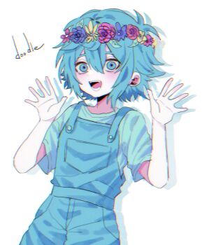 1boy absurdres antenna_hair basil_(headspace)_(omori) basil_(omori) blue_overalls colored_skin double-parted_bangs english_text flower flower_wreath green_eyes green_hair green_shirt hair_between_eyes head_wreath highres looking_at_viewer male_focus my_loleeta omori overalls shirt short_hair short_sleeves sidelocks simple_background solo t-shirt teeth tongue white_background white_skin