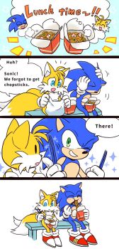 4koma blonde_hair blue_eyes blue_fur blue_hair blush child chopsticks comic confused eating food fox gloves green_eyes hedgehog highres multiple_tails noodles one_eye_closed ramen sega shoes shrimp sitting smile smirk socks sonic_(series) sonic_the_hedgehog tail tails_(sonic) two_tails wink yellow_fur yotsumeddd