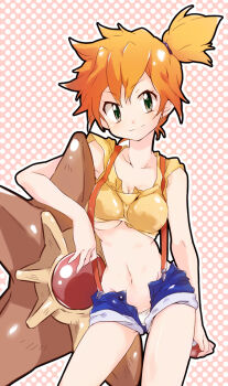 1girl bare_shoulders breasts cleavage denim denim_shorts gen_1_pokemon green_eyes gym_leader holding holding_poke_ball medium_breasts messy_hair midriff misty_(pokemon) nakamura_sandayo navel nintendo orange_hair panties poke_ball poke_ball_(basic) pokemon pokemon_(anime) pokemon_(creature) ponytail short_hair short_shorts shorts side_ponytail staryu suspenders underboob underwear unzipped