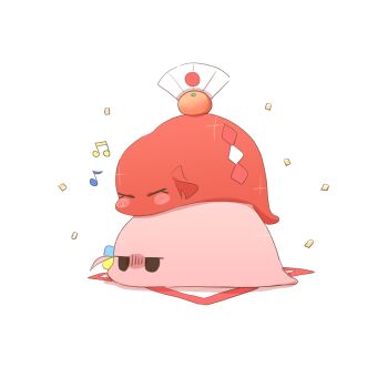 blush bocchi_the_rock! closed_eyes commentary_request confetti food fruit gotoh_hitori gotoh_hitori_(tsuchinoko) jitome kagami_mochi kita_ikuyo lying_on_another mandarin_orange musical_note no_humans rebecca_(keinelove) shide simple_background tsuchinoko white_background