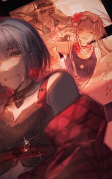 1boy 2girls absurdres argyle_clothes argyle_shirt ascot bare_shoulders black-framed_eyewear black_bow black_choker black_shirt blue_hair bow bow_choker bowtie bracelet brown_hair camera character_request chinese_commentary choker clenched_teeth cloud commentary_request covered_face cropped_shirt crying crying_with_eyes_open diamond_cutout dice dice_earrings dot_nose earrings eyelashes eyewear_on_head film_reel flower hair_flower hair_ornament happy heart heart-shaped_eyewear heart_choker hibiscus highres holding holding_camera jacket jacket_partially_removed jewelry looking_ahead looking_at_viewer midriff multiple_girls nail_polish one_eye_closed open_mouth outdoors path_to_nowhere pink-tinted_eyewear pink_eyes pink_jacket pink_scrunchie pink_skirt plaid_clothes plaid_jacket red_bow red_bowtie red_flower red_jacket red_nails roulecca_(path_to_nowhere) sad scrunchie shirt short_hair skirt sleeveless sleeveless_shirt smile stars_zhangzhang streaming_tears sunglasses sunset taking_picture tareme tears teeth tinted_eyewear upper_body v white_ascot wrist_scrunchie yellow_eyes