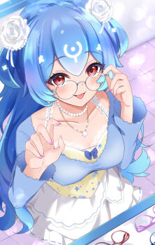 1girl absurdres bao_the_whale blue_bow blue_hair bow breasts cleavage collarbone commentary english_commentary flower glasses hair_flower hair_ornament highres indie_virtual_youtuber jewelry long_hair necklace nohanenoe open_mouth pearl_necklace pink_nails red_eyes rose round_eyewear shell shell_necklace skirt solo virtual_youtuber white_flower white_rose white_skirt