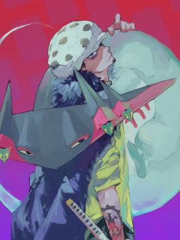 1boy arm_tattoo black_cape cape crossover dragapult dragon dreepy facial_hair fur_cape gen_8_pokemon goatee hat highres holding holding_sword holding_weapon katana light_smile long_sleeves looking_at_viewer male_focus nintendo one_piece pokemon pokemon_(creature) pokemon_focus sakuraiisui shirt sword tattoo trafalgar_law upper_body weapon white_hat yellow_shirt