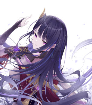 Rule 34 | 1girl, absurdres, back bow, blunt bangs, bow, bridal gauntlets, clothing cutout, commentary, genshin impact, hair ornament, highres, japanese clothes, keya (user pnkz5883), kimono, light particles, looking down, looking to the side, mole, mole under eye, mole under mouth, multicolored hair, purple eyes, purple hair, purple kimono, raiden shogun, red sash, sash, shoulder cutout, solo, streaked hair, upper body