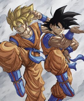 Rule 34 | 1boy, absurdres, black eyes, black hair, blonde hair, blue boots, blue sash, blue shirt, boots, dougi, dragon ball, dragonball z, fighting stance, green eyes, highres, male focus, muscular, muscular male, orange pants, orange shirt, pants, sash, shirt, son goku, spiked hair, standing, standing on one leg, super saiyan, super saiyan 1, sydoria