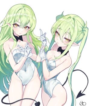 2girls absurdres ahneato alternate_costume bare_arms bare_shoulders black_bow black_bowtie black_tail blue_archive blush bow bowtie breasts covered_navel covering_breasts covering_privates demon_girl demon_tail detached_collar dot_nose gloves gluteal_fold green_hair hair_between_eyes hands_up highleg highleg_leotard highres hikari_(blue_archive) leotard loli long_hair long_tail looking_at_viewer multiple_girls no_halo nozomi_(blue_archive) open_mouth playboy_bunny pointy_ears siblings sidelocks simple_background sisters small_breasts standing straight_hair strapless strapless_leotard tail thigh_gap thighs twins twintails very_long_hair white_background white_gloves white_leotard yellow_eyes
